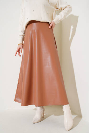 Bel Lastikli Kloş Deri Etek Taba - Etek