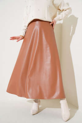 Bel Lastikli Kloş Deri Etek Taba - Uzun Etek