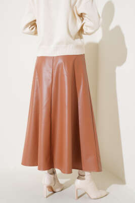 Bel Lastikli Kloş Deri Etek Taba - Uzun Etek