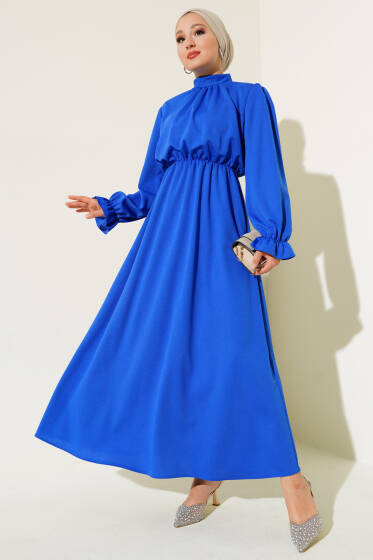 Bel Lastikli Kloş Elbise Saks - Elbise