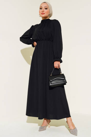 Bel Lastikli Kloş Elbise Siyah - Elbise