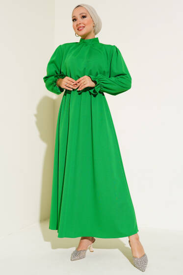Bel Lastikli Kloş Elbise Yeşil - Elbise