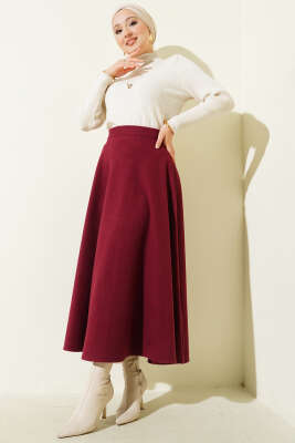 Bel Lastikli Kloş Kaşe Etek Bordo - Etek
