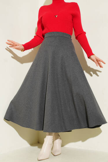 Bel Lastikli Kloş Kaşe Etek Füme - Etek