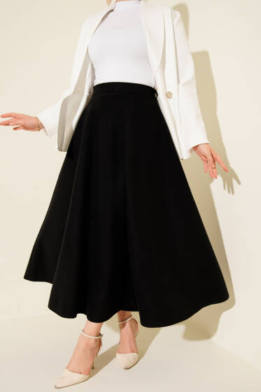 Bel Lastikli Kloş Kaşe Etek Siyah - Etek