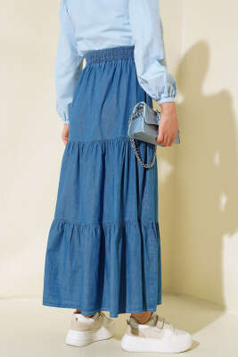 Bel Lastikli Kloş Kot Etek Kot Mavisi - Uzun Etek