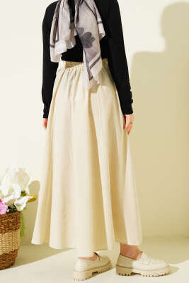 Bel Lastikli Kloş Poplin Etek Bej - Etek
