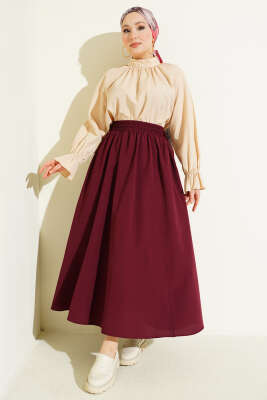 Bel Lastikli Kloş Poplin Etek Bordo - Etek