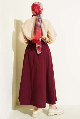 Bel Lastikli Kloş Poplin Etek Bordo - Etek