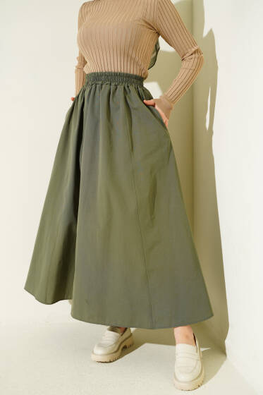 Bel Lastikli Kloş Poplin Etek Haki - Etek