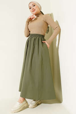 Bel Lastikli Kloş Poplin Etek Haki - Etek