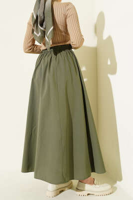 Bel Lastikli Kloş Poplin Etek Haki - Etek