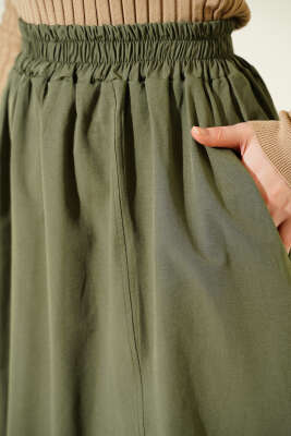 Bel Lastikli Kloş Poplin Etek Haki - Etek