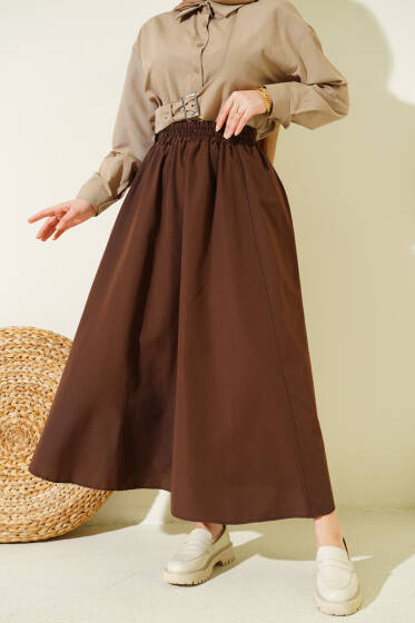 Bel Lastikli Kloş Poplin Etek Kahve - Etek