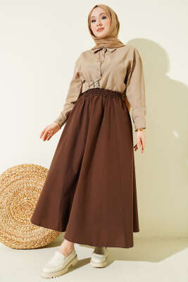 Bel Lastikli Kloş Poplin Etek Kahve - Etek