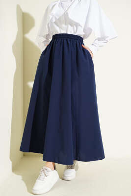 Bel Lastikli Kloş Poplin Etek Lacivert - VAV TEKSTİL