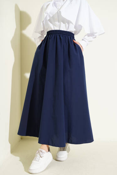 Bel Lastikli Kloş Poplin Etek Lacivert - Etek