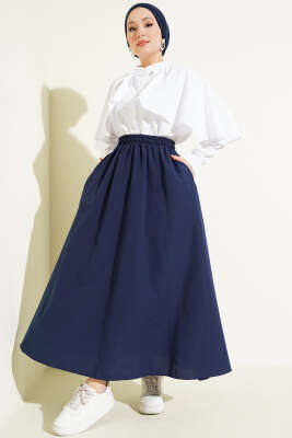 Bel Lastikli Kloş Poplin Etek Lacivert - Etek