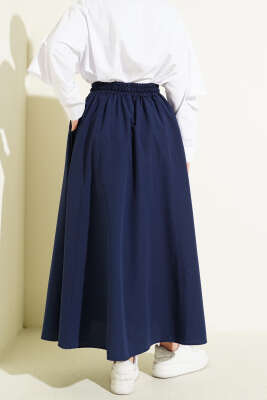 Bel Lastikli Kloş Poplin Etek Lacivert - Etek