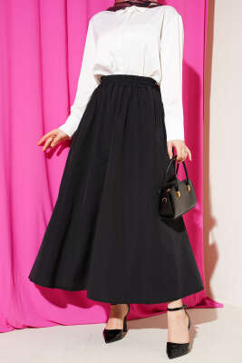 Bel Lastikli Kloş Poplin Etek Siyah - VAV TEKSTİL
