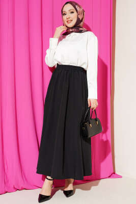Bel Lastikli Kloş Poplin Etek Siyah - Etek