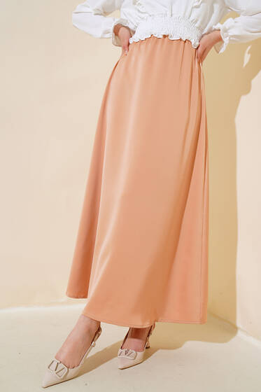 Bel Lastikli Kloş Saten Etek Latte - Etek