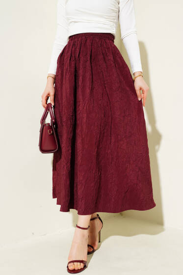 Bel Lastikli Kraş Cepli Etek Bordo - Etek