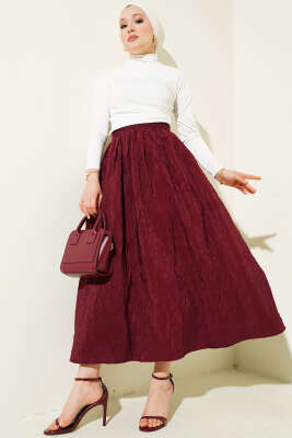 Bel Lastikli Kraş Cepli Etek Bordo - Uzun Etek