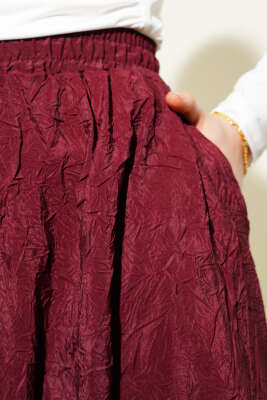 Bel Lastikli Kraş Cepli Etek Bordo - Uzun Etek