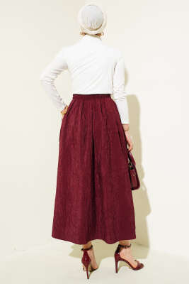 Bel Lastikli Kraş Cepli Etek Bordo - Uzun Etek