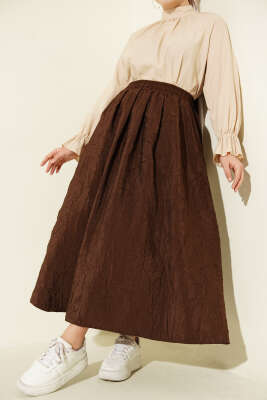 Bel Lastikli Kraş Cepli Etek Kahve - HELLIE