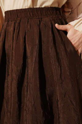 Bel Lastikli Kraş Cepli Etek Kahve - Etek