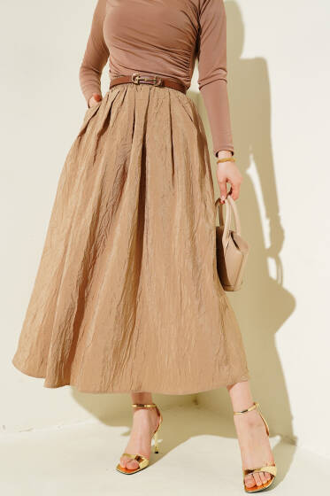 Bel Lastikli Kraş Cepli Etek Latte - Etek
