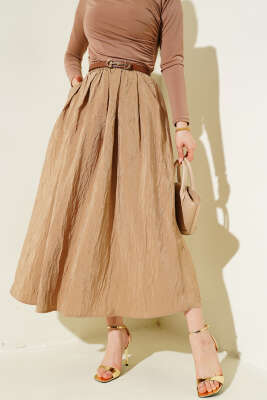 Bel Lastikli Kraş Cepli Etek Latte