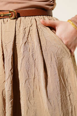 Bel Lastikli Kraş Cepli Etek Latte - Uzun Etek