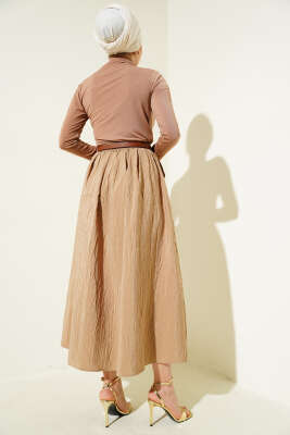 Bel Lastikli Kraş Cepli Etek Latte - Uzun Etek