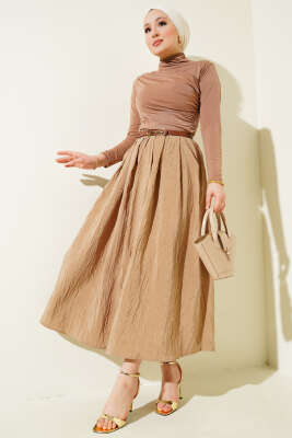 Bel Lastikli Kraş Cepli Etek Latte - Uzun Etek