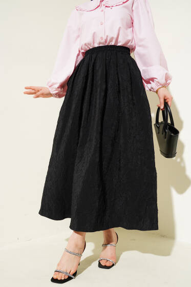 Bel Lastikli Kraş Cepli Etek Siyah - Etek