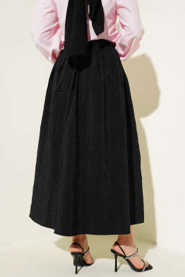 Bel Lastikli Kraş Cepli Etek Siyah - Uzun Etek