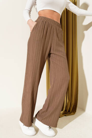 Bel Lastikli Krinkıl Pantolon Kahve - Kadın Giyim Modelleri