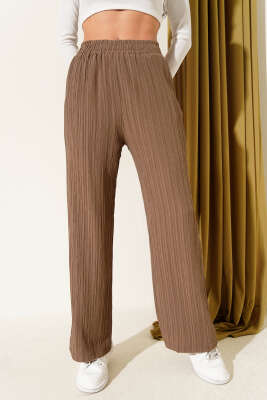 Bel Lastikli Krinkıl Pantolon Kahve - Kadın Giyim Modelleri