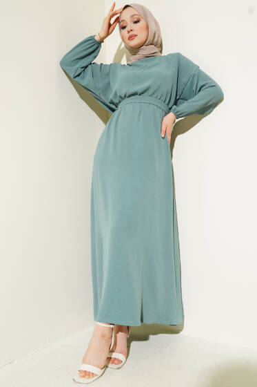 Bel Lastikli Kuşaklı Ayrobin Elbise Çağla Yeşili - Elbise
