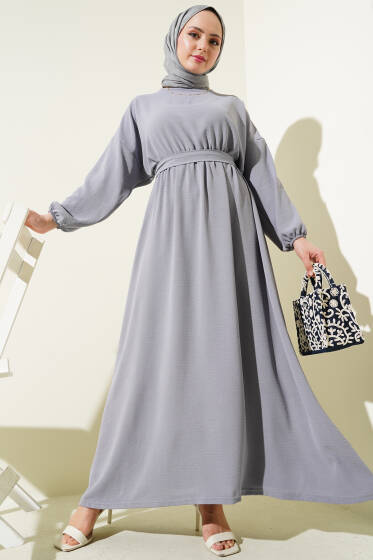 Bel Lastikli Kuşaklı Ayrobin Elbise Gri - Elbise