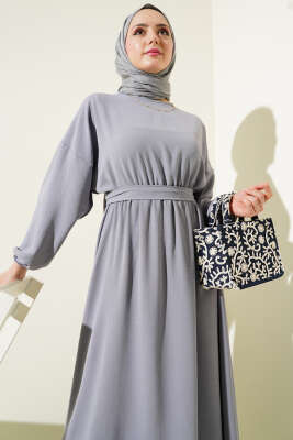 Bel Lastikli Kuşaklı Ayrobin Elbise Gri - Tesettür Elbise