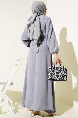 Bel Lastikli Kuşaklı Ayrobin Elbise Gri - Tesettür Elbise