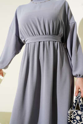 Bel Lastikli Kuşaklı Ayrobin Elbise Gri - Tesettür Elbise