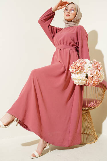 Bel Lastikli Kuşaklı Ayrobin Elbise Gül Kurusu - Elbise