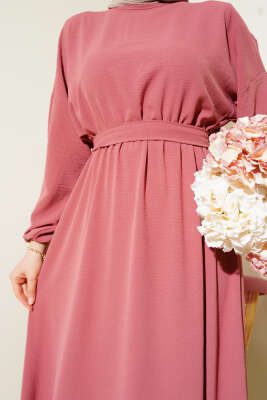 Bel Lastikli Kuşaklı Ayrobin Elbise Gül Kurusu - Tesettür Elbise