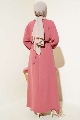 Bel Lastikli Kuşaklı Ayrobin Elbise Gül Kurusu - Tesettür Elbise