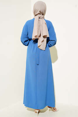 Bel Lastikli Kuşaklı Ayrobin Elbise İndigo - Tesettür Elbise